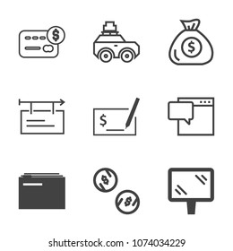Premium outline set of icons containing billboard, credit, blank, poster, cash, finance, business, document, pen, pay. Simple, modern flat vector illustration for mobile app, website or desktop app