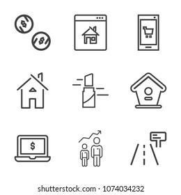 Premium outline set of icons containing home, cash, growth, business, architecture, laptop, phone, sign, estate, mobile. Simple, modern flat vector illustration for mobile app, website or desktop app