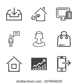 Premium outline set of icons containing mobile, architecture, sign, estate, graph, card, phone, shopping, transfer, key. Simple, modern flat vector illustration for mobile app, website or desktop app