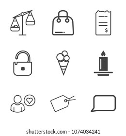 Premium outline set of icons containing bank, speech, weight, cream, bill, money, talk, candle, store, payment, pay, bag. Simple, modern flat vector illustration for mobile app, website or desktop app