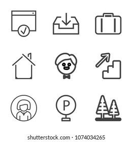 Premium outline set of icons containing landscape, luggage, architecture, car, woman, travel, technology, vehicle, tree. Simple, modern flat vector illustration for mobile app, website or desktop app