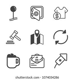 Premium outline set of icons containing banking, store, road, sale, legal, map, drink, location, security, arrow, bank. Simple, modern flat vector illustration for mobile app, website or desktop app