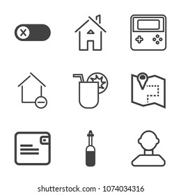 Premium outline set of icons containing house, summer, purse, deactivate, electricity, apartment, glass, off, travel. Simple, modern flat vector illustration for mobile app, website or desktop app