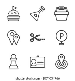 Premium outline set of icons containing center, string, game, cut, location, white, play, name, identification, dinner. Simple, modern flat vector illustration for mobile app, website or desktop app
