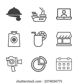 Premium outline set of icons containing military, summer, communication, waitress, white, drink, buy, graph, chart, pie. Simple, modern flat vector illustration for mobile app, website or desktop app