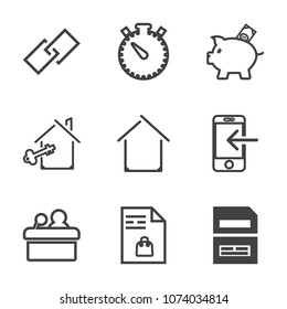 Premium outline set of icons containing web, transfer, home, internet, supermarket, property, key, investment, finance. Simple, modern flat vector illustration for mobile app, website or desktop app