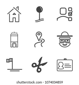 Premium outline set of icons containing building, character, task, luxury, road, location, estate, pin, identity, id. Simple, modern flat vector illustration for mobile app, website or desktop app