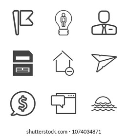 Premium outline set of icons containing landscape, flag, job, red, sunrise, national, chat, bubble, country, bulb, save. Simple, modern flat vector illustration for mobile app, website or desktop app