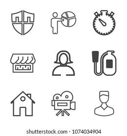 Premium outline set of icons containing presentation, human, house, meeting, emergency, video, protect, face, lady, time. Simple, modern flat vector illustration for mobile app, website or desktop app
