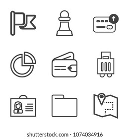 Premium outline set of icons containing cash, piece, pie, success, usa, red, business, pin, america, person, luggage. Simple, modern flat vector illustration for mobile app, website or desktop app