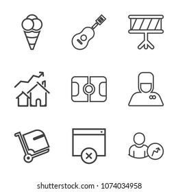 Premium outline set of icons containing service, sweet, hospitality, page, uniform, airport, instrument, stadium, scoop. Simple, modern flat vector illustration for mobile app, website or desktop app