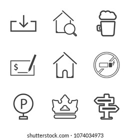 Premium outline set of icons containing real, crown, drink, door, pen, royal, business, internet, dont, lager, download. Simple, modern flat vector illustration for mobile app, website or desktop app