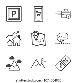 Premium outline set of icons containing location, app, road, urban, domino, mobile, pin, office, online, food, increase. Simple, modern flat vector illustration for mobile app, website or desktop app