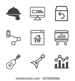 Premium outline set of icons containing template, map, chart, sound, online, service, location, box, trend, real, white. Simple, modern flat vector illustration for mobile app, website or desktop app