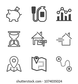 Premium outline set of icons containing fire, timer, glass, point, house, hour, business, banking, clock, security, road. Simple, modern flat vector illustration for mobile app, website or desktop app