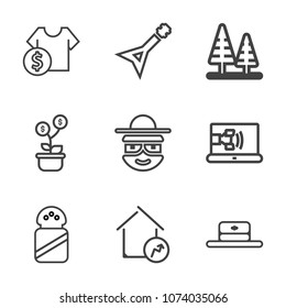 Premium outline set of icons containing cap, home, nature, house, environment, concert, music, cost, business, hat, rock. Simple, modern flat vector illustration for mobile app, website or desktop app