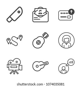 Premium outline set of icons containing kitchen, camera, freelance, retro, black, cook, letter, cut, tool, business, map. Simple, modern flat vector illustration for mobile app, website or desktop app