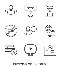 Premium outline set of icons containing direction, kite, finance, machine, habit, atm, cigarette, personal, business, no. Simple, modern flat vector illustration for mobile app, website or desktop app