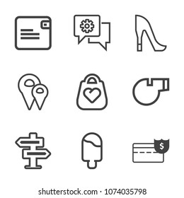 Premium outline set of icons containing woman, whistle, food, high, dollar, web, map, object, doorknob, mobile, bank. Simple, modern flat vector illustration for mobile app, website or desktop app