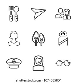 Premium outline set of icons containing message, knife, tree, captain, internet, table, restaurant, environment, glasses. Simple, modern flat vector illustration for mobile app, website or desktop app
