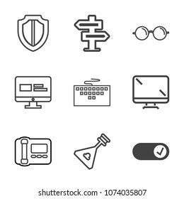 Premium outline set of icons containing vision, sign, technology, hanger, string, website, office, sight, , room, laptop. Simple, modern flat vector illustration for mobile app, website or desktop app