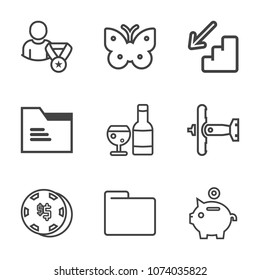 Premium outline set of icons containing nature, glass, wine, military, aircraft, butterfly, down, insect, coin, wing, up. Simple, modern flat vector illustration for mobile app, website or desktop app