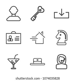Premium outline set of icons containing chess, person, lock, head, glass, headset, juice, business, download, cocktail. Simple, modern flat vector illustration for mobile app, website or desktop app