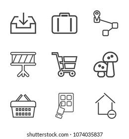 Premium outline set of icons containing food, transportation, airport, map, sound, suitcase, apartment, luggage, point. Simple, modern flat vector illustration for mobile app, website or desktop app