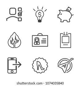 Premium outline set of icons containing woman, folk, technology, female, notebook, personal, internet, task, money, idea. Simple, modern flat vector illustration for mobile app, website or desktop app