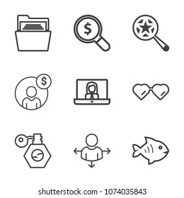 Premium outline set of icons containing blank, communication, empty, magnifying, glasses, folder, look, video, direction. Simple, modern flat vector illustration for mobile app, website or desktop app