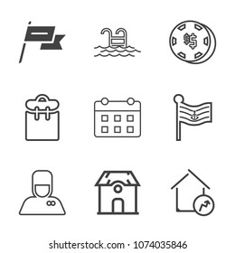 Premium outline set of icons containing game, pretty, people, wind, flag, phone, blue, uniform, bellhop, home, building. Simple, modern flat vector illustration for mobile app, website or desktop app