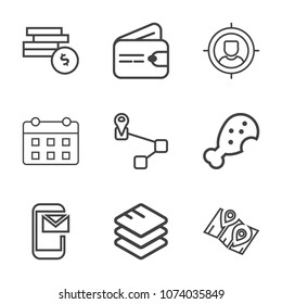 Premium outline set of icons containing data, location, timetable, cash, market, map, dollar, navigation, business, time. Simple, modern flat vector illustration for mobile app, website or desktop app