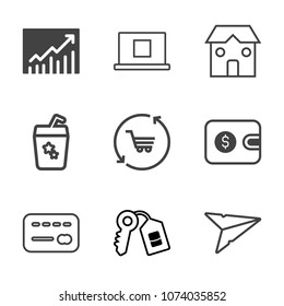 Premium outline set of icons containing internet, sign, progress, summer, up, cash, credit, juice, shop, industrial, key. Simple, modern flat vector illustration for mobile app, website or desktop app