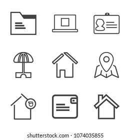Premium outline set of icons containing wallet, pin, landlord, summer, estate, open, technology, web, purse, security. Simple, modern flat vector illustration for mobile app, website or desktop app
