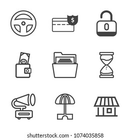 Premium outline set of icons containing tooth, unlock, finance, hourglass, money, cash, technology, coin, summer, home. Simple, modern flat vector illustration for mobile app, website or desktop app