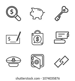 Premium outline set of icons containing payment, investment, pen, finance, coin, safe, bag, bank, money, search, sale. Simple, modern flat vector illustration for mobile app, website or desktop app