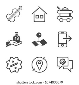 Premium outline set of icons containing map, violoncello, sale, home, sign, food, bed, bag, estate, meal, hotel, concert. Simple, modern flat vector illustration for mobile app, website or desktop app