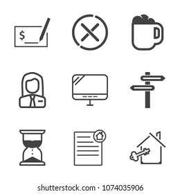 Premium outline set of icons containing real, clock, sign, no, cup, shape, employer, pen, hot, direction, hour, cafe, pc. Simple, modern flat vector illustration for mobile app, website or desktop app