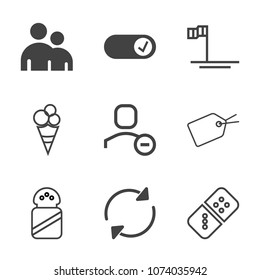 Premium outline set of icons containing beach, domino, sweet, food, chocolate, ice-cream, arrow, tag, group, cream, ice. Simple, modern flat vector illustration for mobile app, website or desktop app