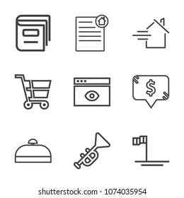 Premium outline set of icons containing luggage, shop, window, investment, bugle, beach, bag, travel, musical, house. Simple, modern flat vector illustration for mobile app, website or desktop app