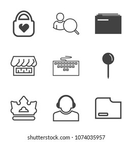 Premium outline set of icons containing document, object, file, information, office, storage, sign, drop, laptop, king. Simple, modern flat vector illustration for mobile app, website or desktop app
