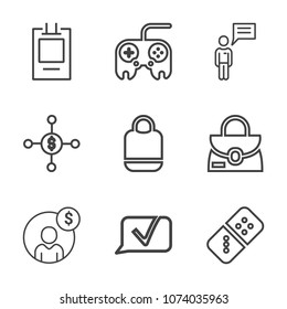 Premium outline set of icons containing web, financial, social, dollar, style, person, business, row, account, banner. Simple, modern flat vector illustration for mobile app, website or desktop app