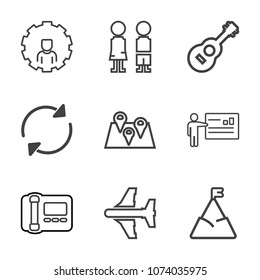 Premium outline set of icons containing child, mountain, phone, happy, music, plane, travel, female, arrow, web, office. Simple, modern flat vector illustration for mobile app, website or desktop app