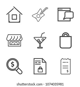 Premium outline set of icons containing home, market, finance, search, musical, chat, bag, web, website, drink, white. Simple, modern flat vector illustration for mobile app, website or desktop app