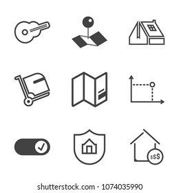 Premium outline set of icons containing real, sound, musical, estate, roofing, home, white, luggage, place, building, . Simple, modern flat vector illustration for mobile app, website or desktop app