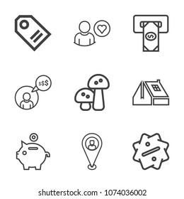 Premium outline set of icons containing credit, person, online, roof, business, construction, pin, white, sign, house. Simple, modern flat vector illustration for mobile app, website or desktop app