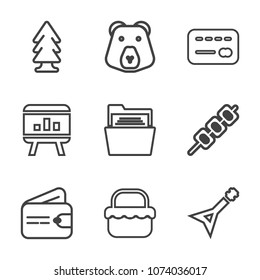 Premium outline set of icons containing environment, template, grizzly, money, picnic, guitar, landscape, white, trunk. Simple, modern flat vector illustration for mobile app, website or desktop app