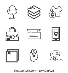 Premium outline set of icons containing web, billboard, network, computer, style, phone, landscape, idea, green, cost. Simple, modern flat vector illustration for mobile app, website or desktop app