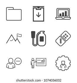 Premium outline set of icons containing danger, equipment, arrow, fire, presentation, chart, button, paper, laptop, bar. Simple, modern flat vector illustration for mobile app, website or desktop app