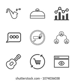 Premium outline set of icons containing internet, finance, hierarchy, sound, tobacco, retail, bugle, sign, jazz, chat. Simple, modern flat vector illustration for mobile app, website or desktop app